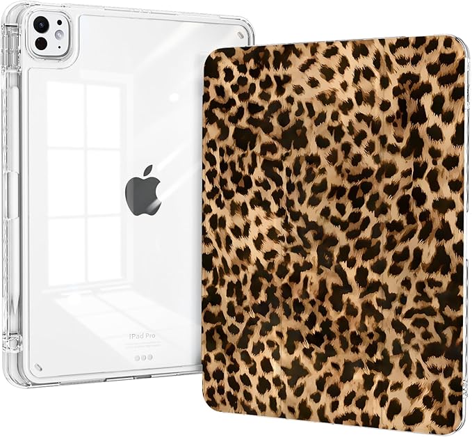 Shockproof Case for iPad Pro 13 Inch M5 2025 & M4 2024 with Pencil Holder, Stable Trifold Stand, Slim Transparent Clear Back Cover, Auto Wake/Sleep, Leopard