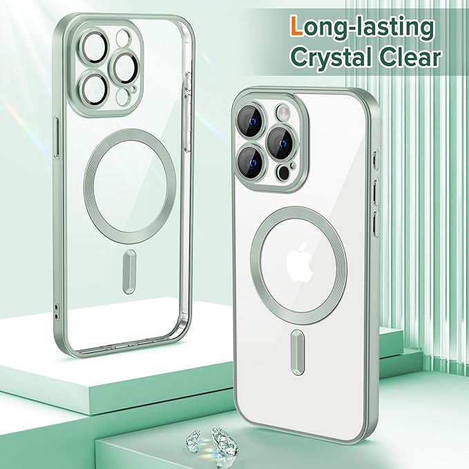 Hython Magnetic Clear for iPhone 15 Pro Max Case with Camera Lens Protector [Compatible with MagSafe] Plating Edge Slim Soft TPU Cover Protective Phone Case for iPhone 15 Pro Max 6.7", Matte Mint