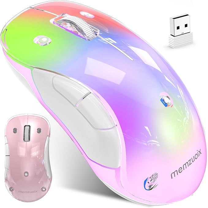 memzuoix 2.4G LED Wireless Mouse, Rechargeable Ergonomic Mouse with Detachable Cover, 1400 DPI Portable Optical Computer Mouse with USB Receiver for Laptop, PC, Desktop and MacBook, 5 Buttons-Pink