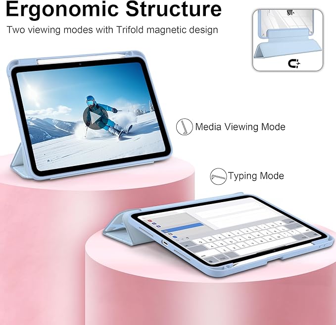 Case for iPad Pro 11 inch (M5) 2025 (M4) 2024 Release Slim Lightweight Cute Light Blue Cover with Clear Back TPU Edge Pencil Holder Trifold Stand, Starfish and Shells