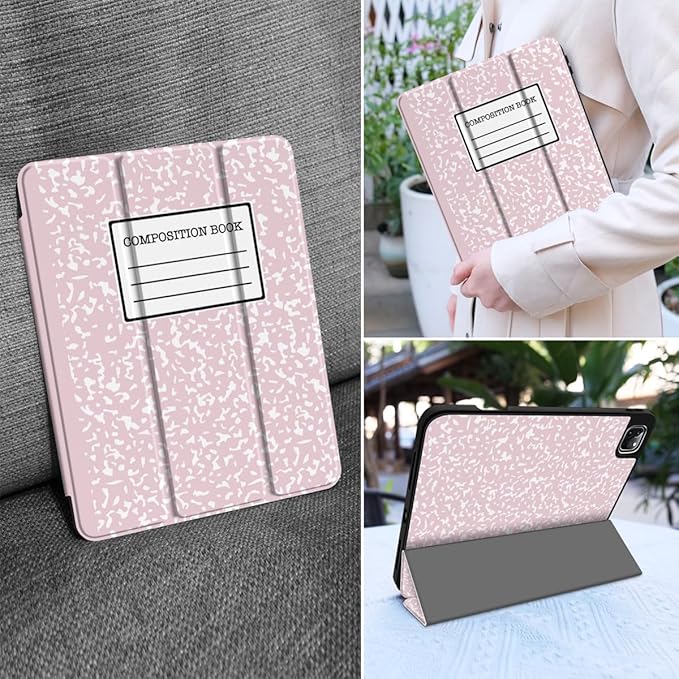 MEEgoodo for iPad Pro 12.9 Case M2 6th/5th/4th/3rd Generation 2022 2021 2020 2018 with Pencil Holder, Tablet Cover with Soft TPU Back Shell, Pink Composition Book