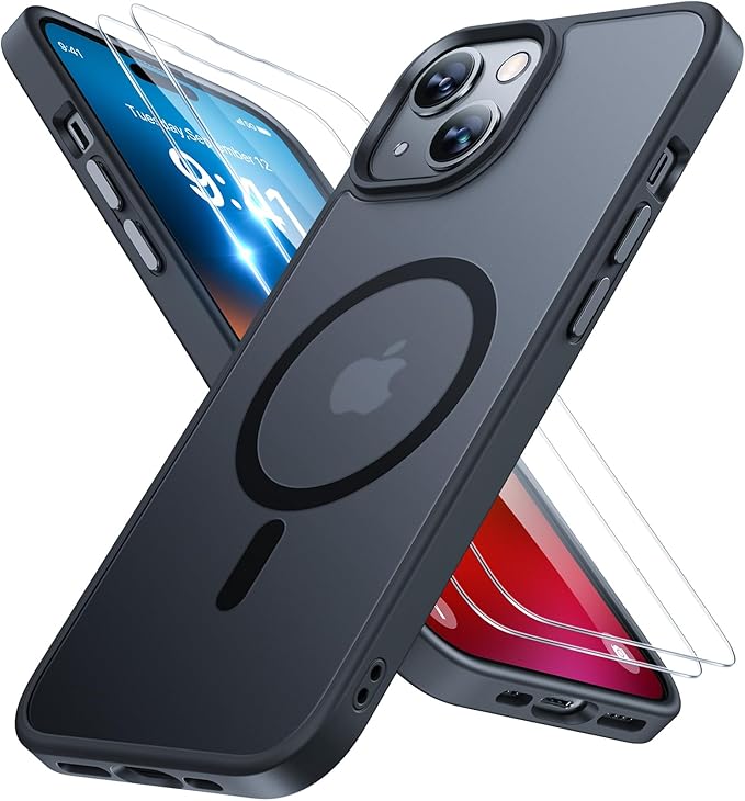 Miracase Magnetic for iPhone 15 Case (Compatible with MagSafe)（with 2X Screen Protectors） Military-Grade Protection, Anti-Fingerprint Translucent Matte Phone Cover for iPhone 15 6.1 inch, Black