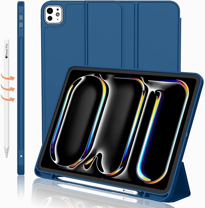 iMieet Case for iPad Pro 11 Inch (M5) 2025 /(M4) 2024 5th Gen, Trifold Stand Smart Cover with Pencil Holder and Soft TPU Back, Auto Wake/Sleep (Navy Blue)