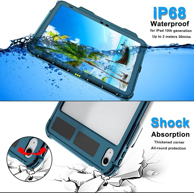 ShellBox Case iPad 10th Gen 10.9 inch Waterproof Case, Full-Body Heavy Duty Shockproof Protective Cover with Kickstand Built-in Screen Protector Pencil Holder Shoulder Strap