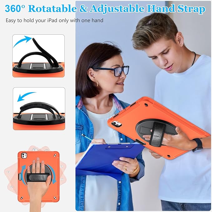 Case for iPad Pro 13 Inch M5 2025/ M4 2024: Military Grade Cover for iPad Pro 13" with Screen Protector - Stand - Handle - Shoulder Strap - Pencil Holder- Orange