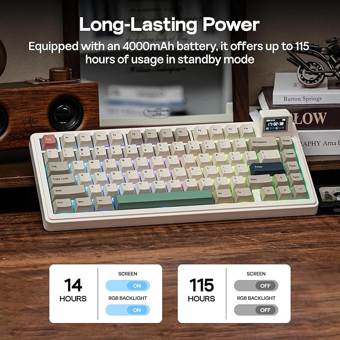 EPOMAKER RT82 Wireless Mechanical Keyboard with Screen, VIA Custom, 2.4GHz/USB-C/BT5.0, RGB Backlit, Gasket, 5-Paddings, PBT Keycaps, Hot-Swap Retro Gaming Keyboard (Creamy Jade)