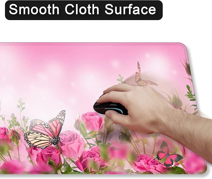 Desk Mat,Spring Pink Rose Floral Butterfly Mouse Pad Large Gaming for Desk,Non-Slip Rubber Base Mousepad,31.5x15.7 Inch for Office Home Work & Game