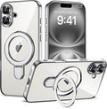 Compatible with iPhone 16 Plus Case with Invisible Magnetic Ring Stand [Compatible with Mag-Safe] [Full Camera Lens Protector] Plating Clear Phone Case for iPhone 16 Plus 6.7", Silver