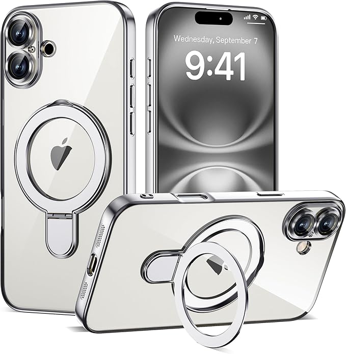 Compatible with iPhone 16 Plus Case with Invisible Magnetic Ring Stand [Compatible with Mag-Safe] [Full Camera Lens Protector] Plating Clear Phone Case for iPhone 16 Plus 6.7", Silver