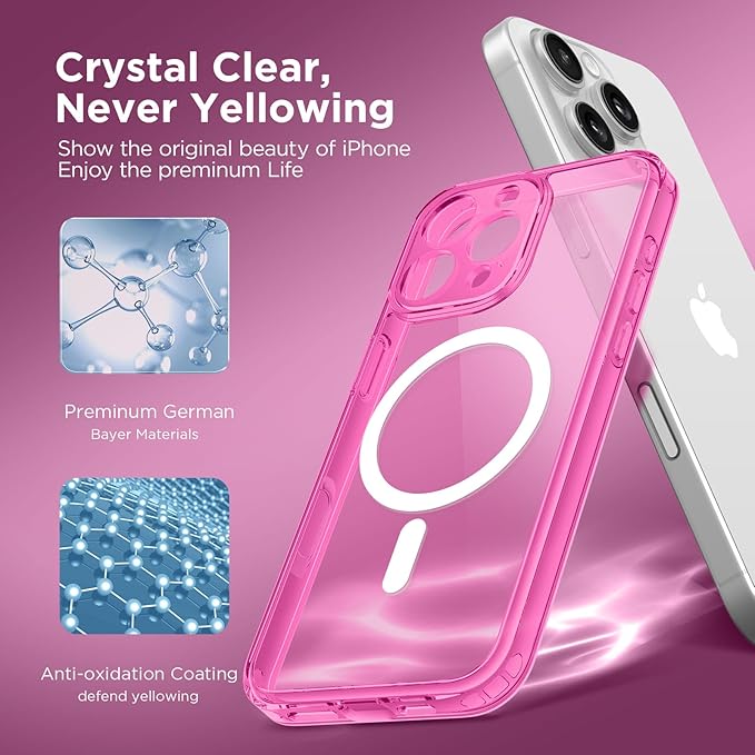 CAPRARO Magnetic Compatible with iPhone 16 Pro Case, Upgraded [Full Camera Protection] [Compatible with MagSafe] Protective Translucent Matte Women Girl Phone Case Cover, Clear Neon