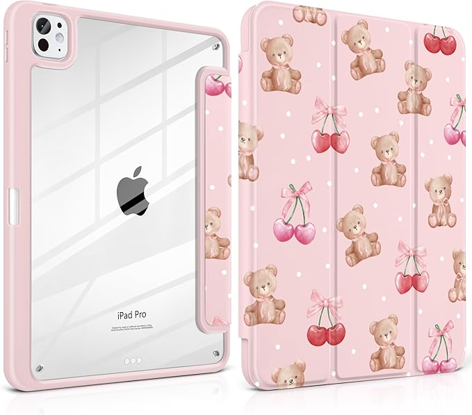 TWOLSKOO Case for iPad Pro 11-inch (M5 2025 / M4 2024), Clear Acrylic Back with TPU Bumper, Pencil Holder, Trifold Stand, Auto Sleep/Wake, Lovely Bear