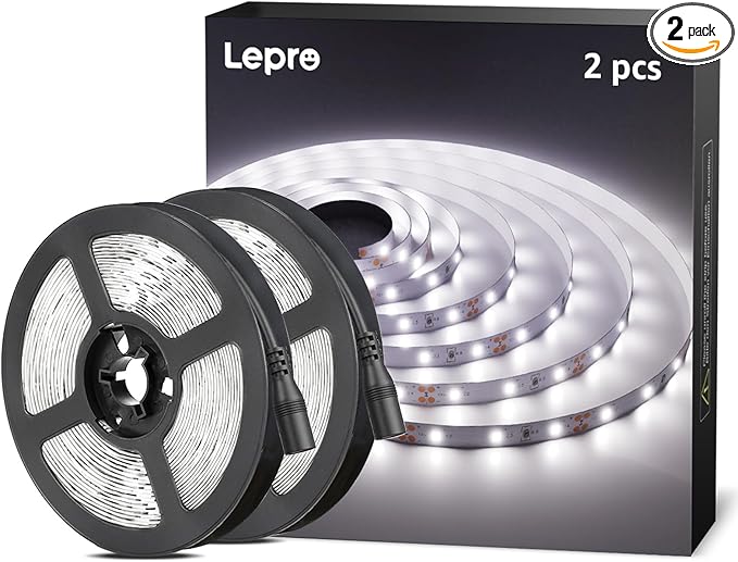 Lepro 12V LED Strip Light, Flexible, SMD 2835, 300 LEDs, 32.8ft Tape Light for Home, Kitchen, Party, Christmas and More, Non-Waterproof, Daylight White, Pack of 2(Not Include Power Adapter)