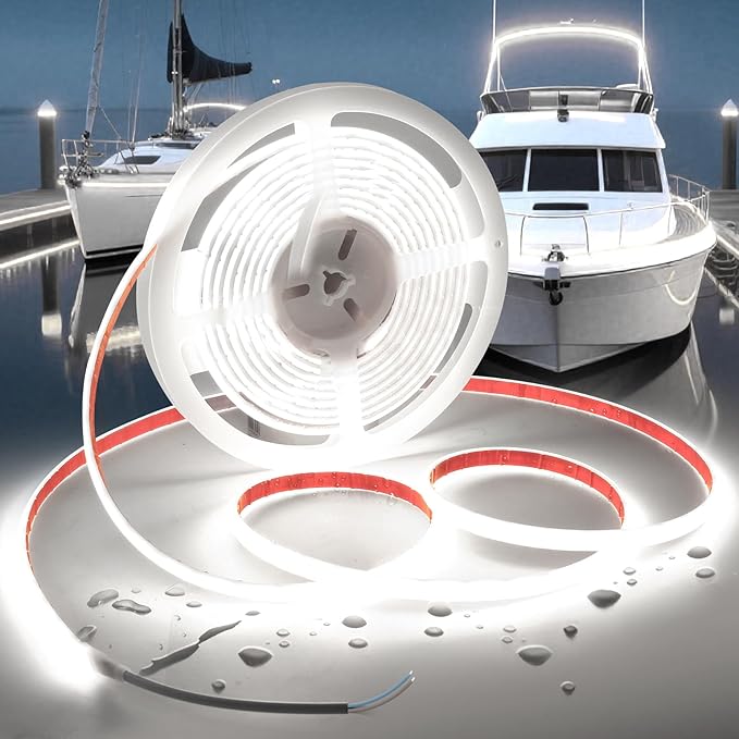 COB LED Strip Lights Daylight White 6000K,12V 16.4ft IP67 Waterproof High CRI 95Ra+ Super Bright,Flexible Boat Lights for Fishing Night Outdoor Bathroom Swimming Pool(Power Supply Not Included)