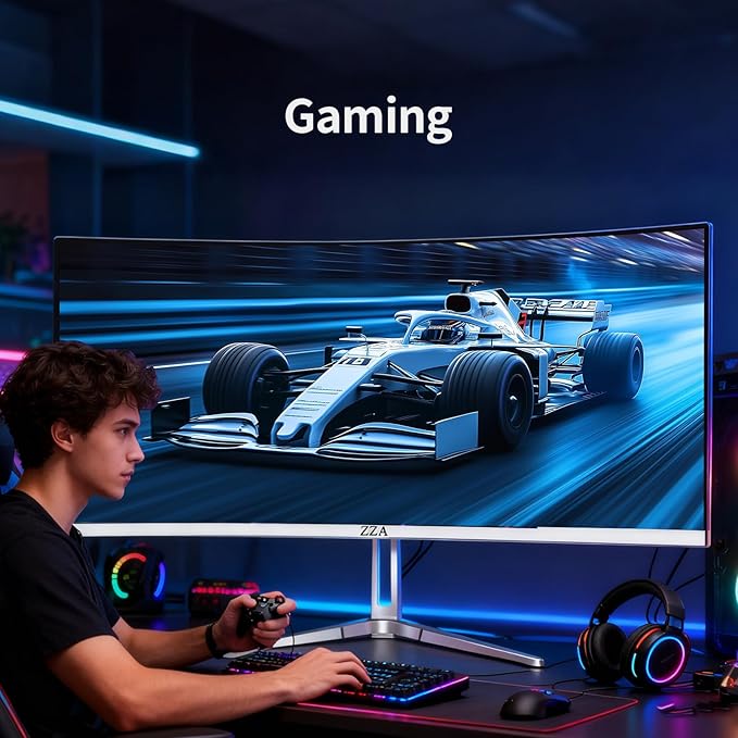 ZZA 34'' Gaming Monitor-165Hz/180Hz WQHD (3440x1440P) Ultrawide 34 White Curved Monitor,FreeSync for Tear-Free Gaming,120% sRGB, HDMI 2.1 & DP 1.4,PBP Mode,Wall Mountable