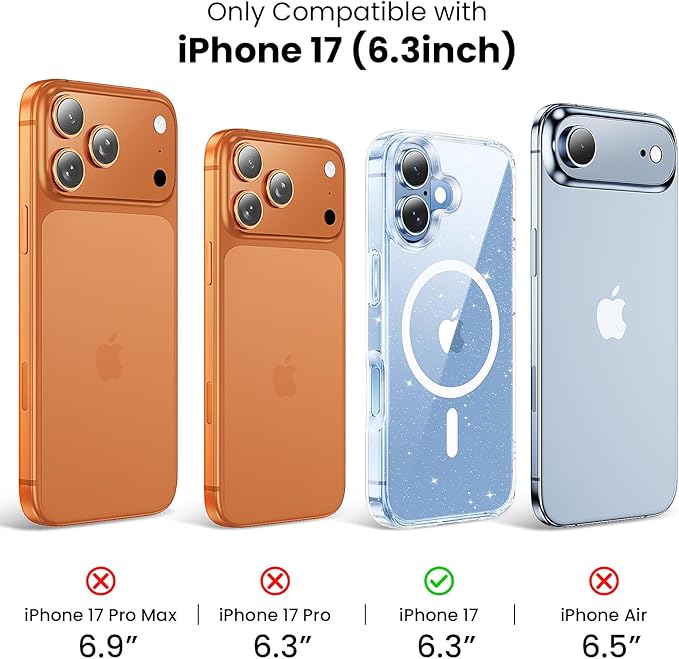 Anti-Yellowing Strong Magnetic for iPhone 17 Case, [Compatible with MagSafe] [12FT Military Grade Drop] Slim Thin iPhone Cover 6.3 Inch, Clear Glitter