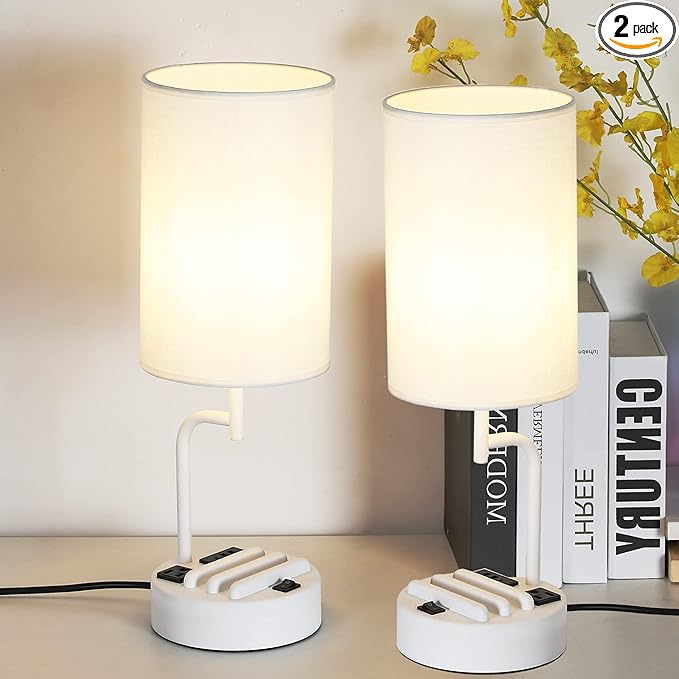 Dreamholder Table Lamp with 3 USB Charging Ports, Modern Desk Lamp with AC Outlet and Phone Stands, Perfect Bedside Lamp for Bedroom, Living Room, Office (Pack of 2), White