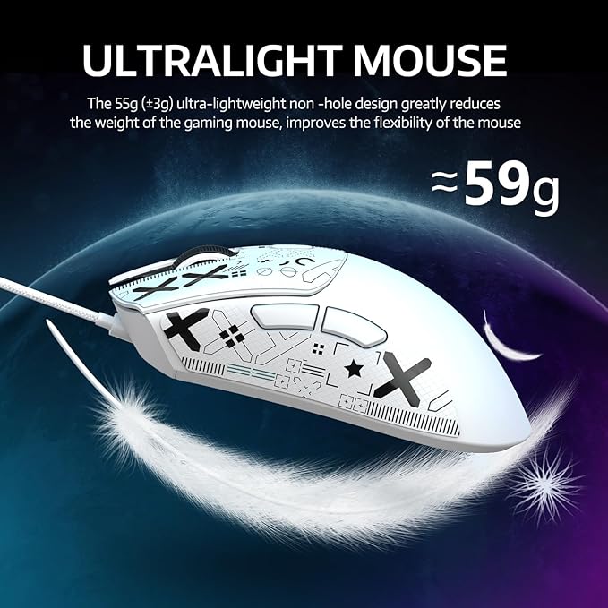 ATTACK SHARK R1 Wireless Gaming Mouse,Tri-Mode Connection (2.4G/Wired/BT5.2),55g Lightweight,18K DPI Optical Sensor,HUYU 20 Million Key Life,Ergonomic Design,for PC/Laptop/Win/Mac(White+Sticker)