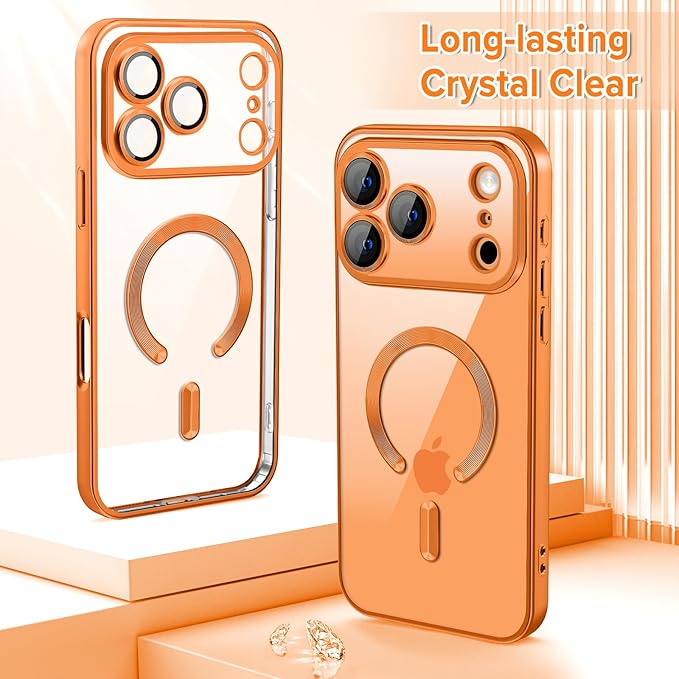 Hython Magnetic Clear for iPhone 17 Pro Max Case with Camera Lens Protector [Compatible with MagSafe] Plating Edge Slim Soft TPU Cover Protective Phone Case for iPhone 17 Pro Max 6.9", Matte Orange