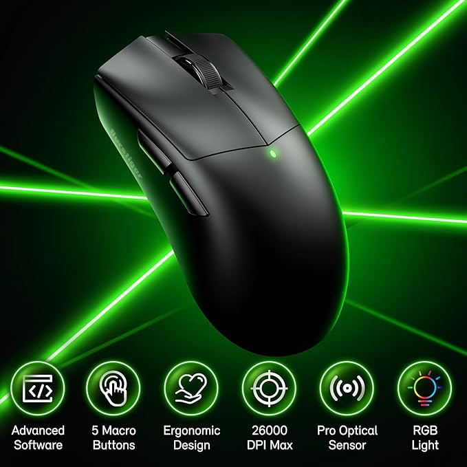 Claw Wireless Gaming Mouse, Ergonomic Mouse, 55g Ultra-Lightweight, 26000 DPI - PAW3395 Sensor, 5 Programmable Buttons, 300 mAh Battery - Compatible with Laptop/PC/Mac - Black
