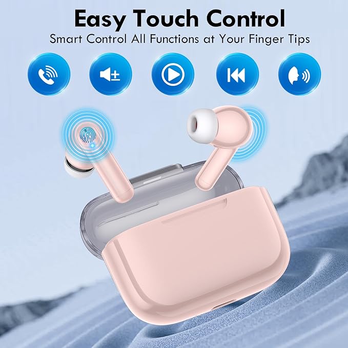 kurdene Wireless Earbuds, Bluetooth 5.3 in Ear Buds Light Weight Headphones with Deep Bass Sound,48 Hours Playtime Headset,Clear Calls Earphones with Mics for Sports Workout Pink