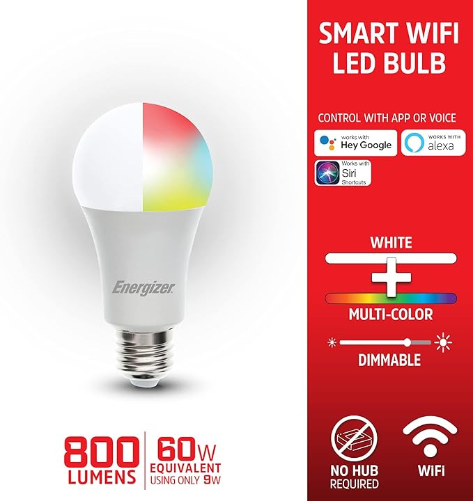 XTREME Energizer Connect Smart A19 LED White & Multi-Color RGB Light Bulbs with Voice Control and Remote Access Through Your Smartphone | Compatible with Alexa and Google Assistant, 2 Pack
