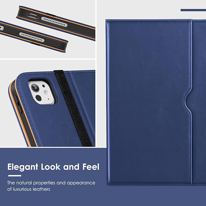 VIKESI Case for iPad Pro 13-inch M5 or M4 Released in 2025 or 2024, Leather Stand Cover with Apple Pencil Holder, Auto Wake/Sleep, Multiple Viewing Angles, Built in Hand Strap & Pocket,Navy Blue