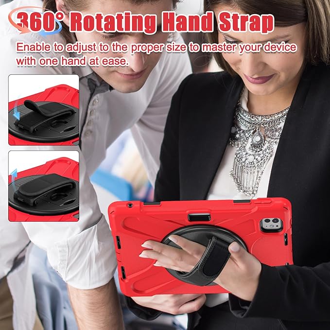 Batianda Case for New iPad Pro 11-inch 2025 M5 2024 M4 Chip Heavy Duty Rugged Durability Silicone Tablet Cover with 360° Rotating Hand Strap Foldable Hidden Stand & Shoulder Strap, Red