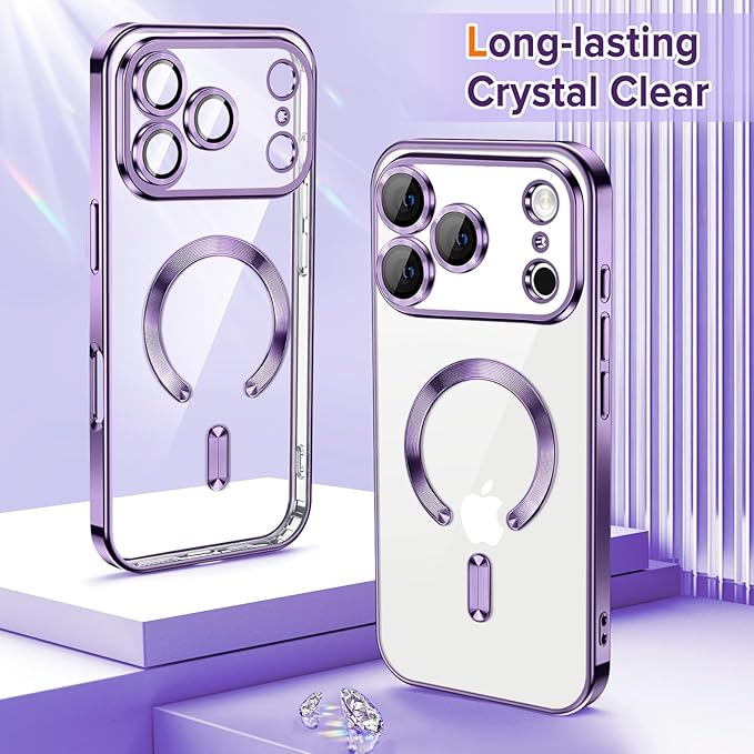 Hython Magnetic Clear for iPhone 17 Pro Case with Camera Lens Protector [Compatible with MagSafe] Luxury Plating Edge Slim Soft TPU Cover Protective Phone Case for iPhone 17 Pro 6.3", Deep Purple