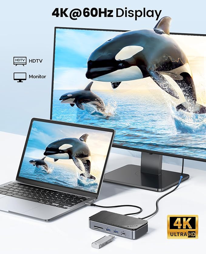 USB C Hub with M.2 SSD Enclosure, New Upgrade ORICO 10-in-1 USB-C Docking Station with Built in fan, 10Gbps USB 3.2 Gen2 M.2 NVMe SSD Reader, Support 4K@60Hz HDMI, 100W PD, Ethernet, SD/TF - DPM2P9-V1