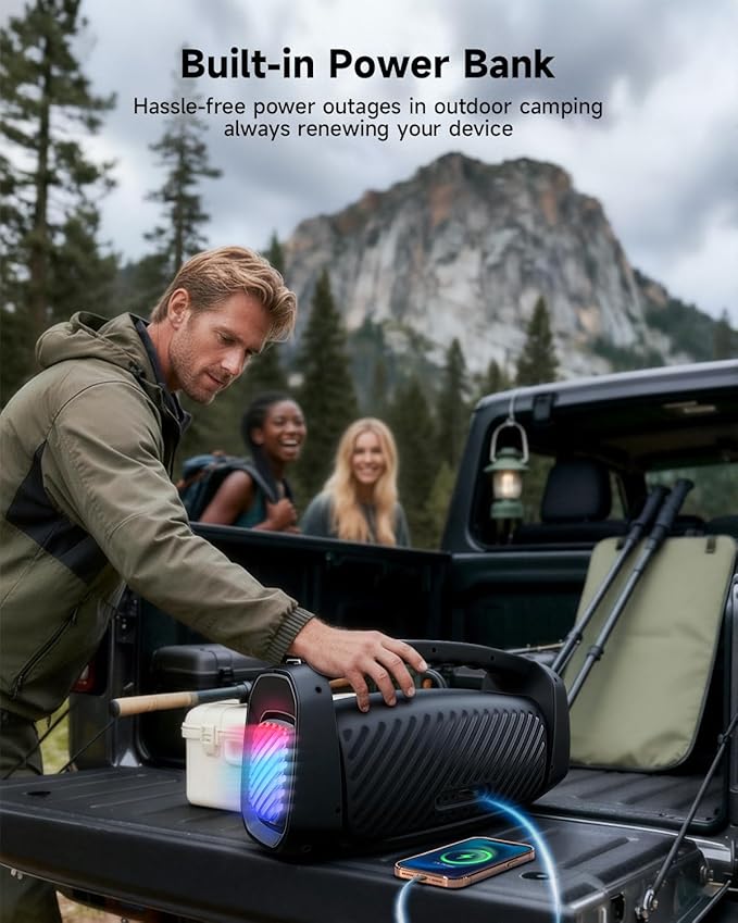 RWN Outdoor Bluetooth Speaker: 160W Loud Sound, IP67 Waterproof with 24H Playtime, Fast Charge, Bass, TWS, Portable Wireless Speakers with Light Show for House, Party, Projector, Beach (Black)