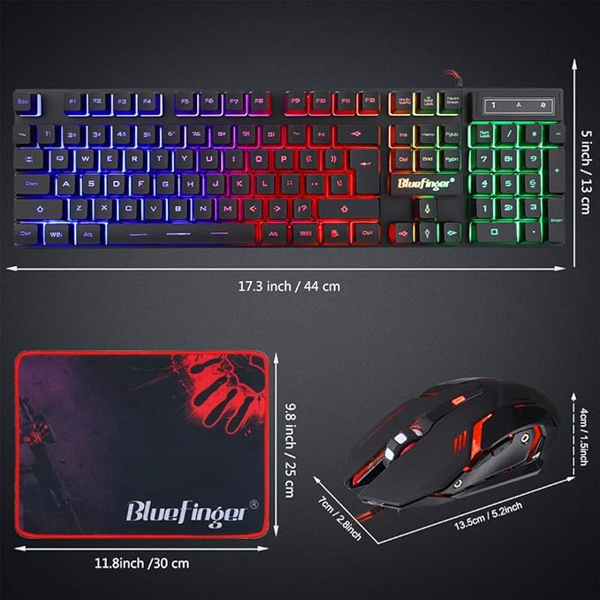 BlueFinger RGB Gaming Keyboard and Backlit Mouse Combo, USB Wired, LED Gaming Set for Laptop PC Computer Game and Work