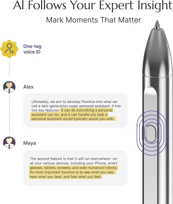 Flowtica Scribe AI Voice Recorder, App Control, Transcribe & Summarize, HiFi Audio with Noise Cancellation, Background Auto-Sync, Note Taker for Meetings & Lectures, Ultra-Slim, Charging Case Included