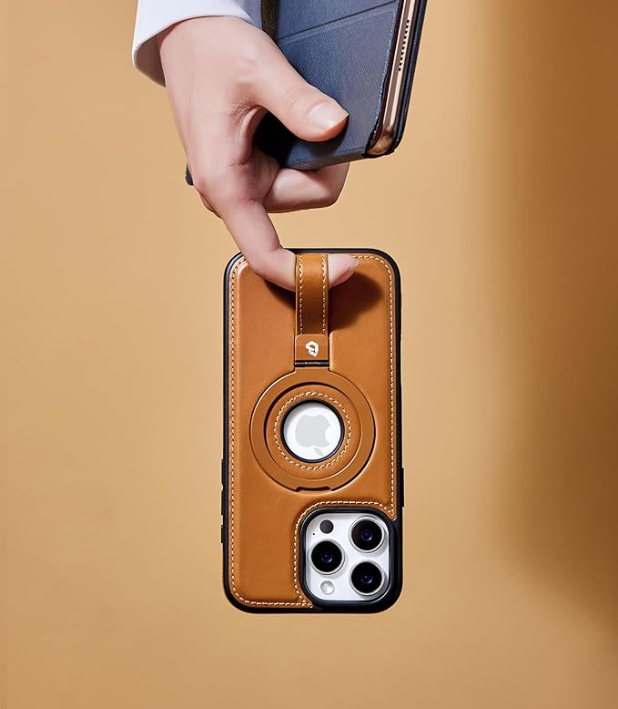 Butaiga for iPhone 13 Pro Leather Case with Stand, Anti-Slip Grip Ring, Fits for MagSafe (Brown, iPhone 13 Pro)