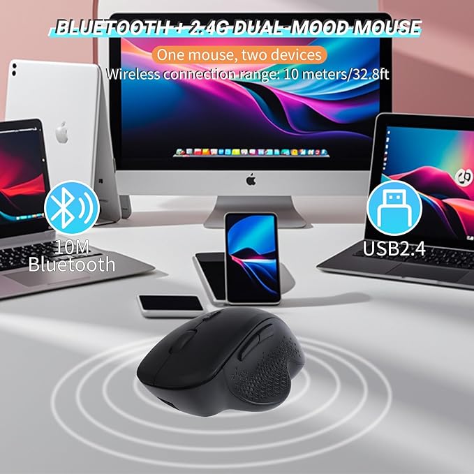 Bluetooth Ergonomic Wireless Mouse,Rechargeable 2.4G Vertical Wireless Mouse, Dual Mode Ergo Optical Mice with Adjustable DPI,Finger Rest for Laptop, Desktop, PC, MacBook, iPad, Mac, Windows(Black)