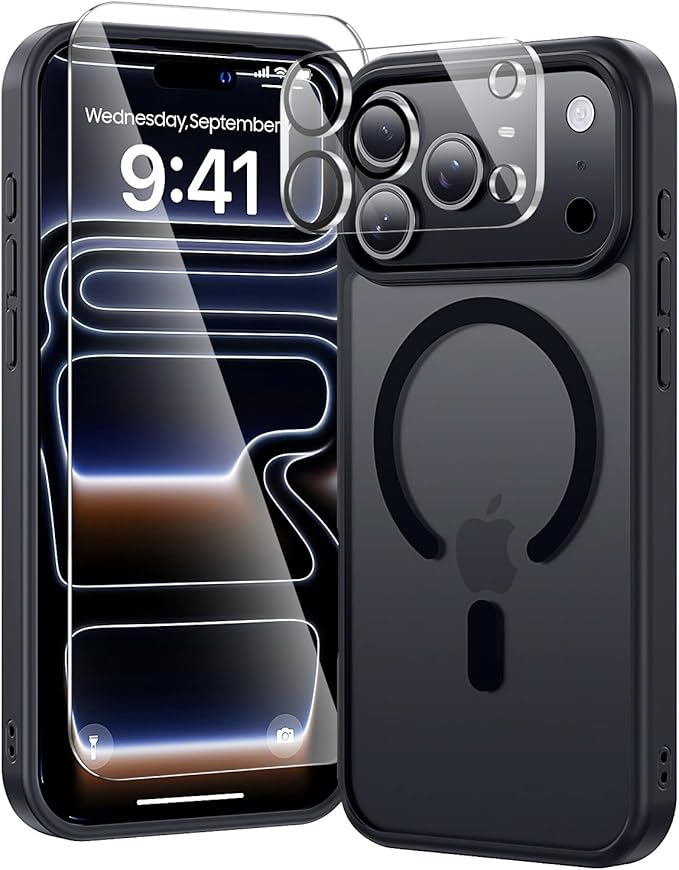 toushion 3 in 1 for iPhone 17 Pro Case Matte Black,Fits MagSafe, Screen Protector*1 Camera Lens Protector*1,Matte Skin Feeling Back, Cover Military-Grade Protection