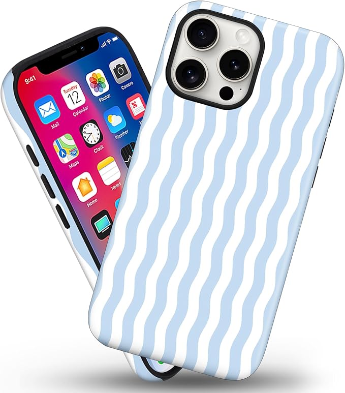Magnetic for iPhone 16 Pro Max Case Cute Wavy Stripes Phone Case, Shockproof Slim TPU and Hard PC Protective Phone Cover Compatible with MagSafe Designed for Women Girls, Blue