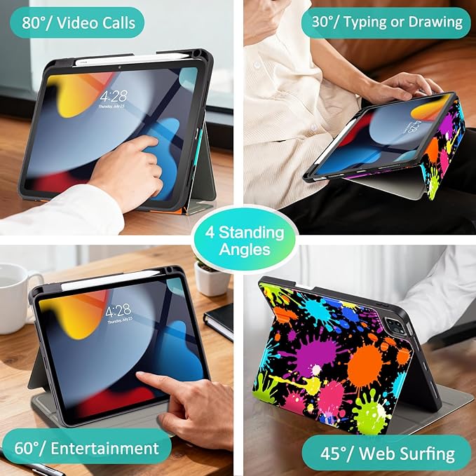 for iPad Air 11-inch Case, iPad Air 5th/Air 4th Gen Case with Pencil Holder for iPad Pro 11 Inch 4th/3rd/2nd/1st case with Multi-Angle View Adjustable Stand Auto Wake Sleep Pigment Paint Splash