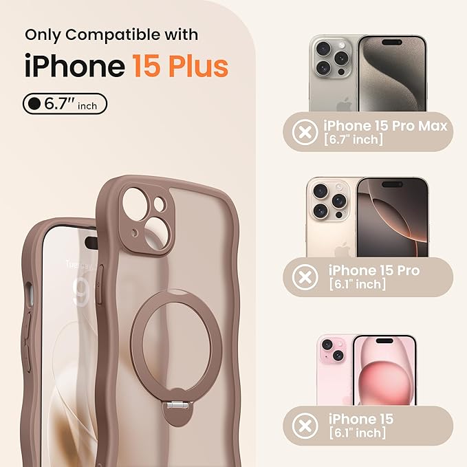 CAPRARO for iPhone 15 Plus Case with 360° Spin Magnetic Stand for Women, [Compatible with MagSafe] [Full Camera Protection] Cute Wave Translucent Matte Case for iPhone 15 Plus, Brown