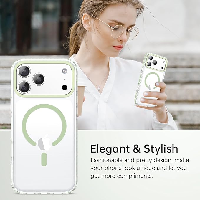 BENTOBEN Magnetic for iPhone 17 Pro Case 6.3", Compatible with Magsafe Military Shockproof Protective Bumper Cute Transparent Slim Anti-Yellowing Phone Case for iPhone 17 Pro Cover, Clear Light Green