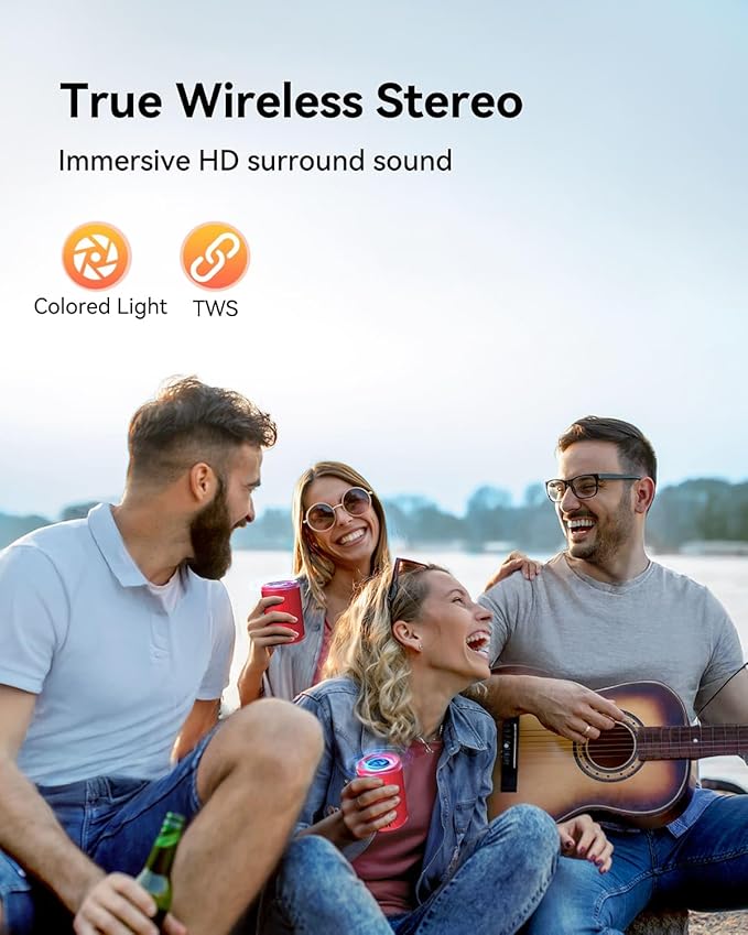 LENRUE Small Portable Bluetooth Speaker with Lights, TWS Stereo Surround Sound, Type C Powered, Bluetooth 5.3, AUX TF Card Input, Wireless for Outdoor Home, Coolest Gifts