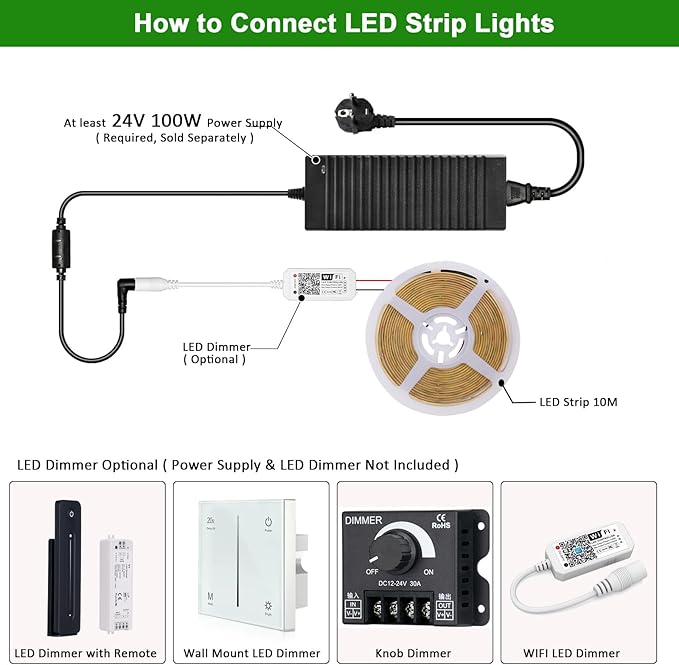 JOLIT 24V COB LED Strip Lights 32.8ft/10M Natural White 4000K 120 Degree Beam Angle, CRI 90+ 384LEDs/M High Density 7650LM Bright Uniform Indoor Adhesive LED Tape for Bedroom, Living Room, Office