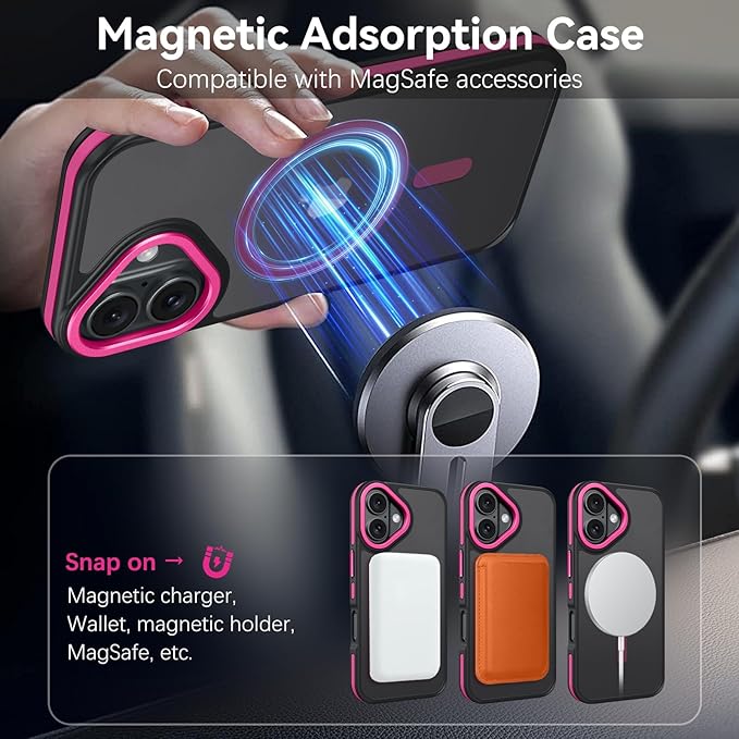 BENTOBEN Magnetic for iPhone 17 Case 2025 [Compatible with Magsafe] [Military-Grade Protection] Matte Women Men Anti-Slip Shockproof Bumper Phone Cases for iPhone 17 6.3", Hot Pink/Black