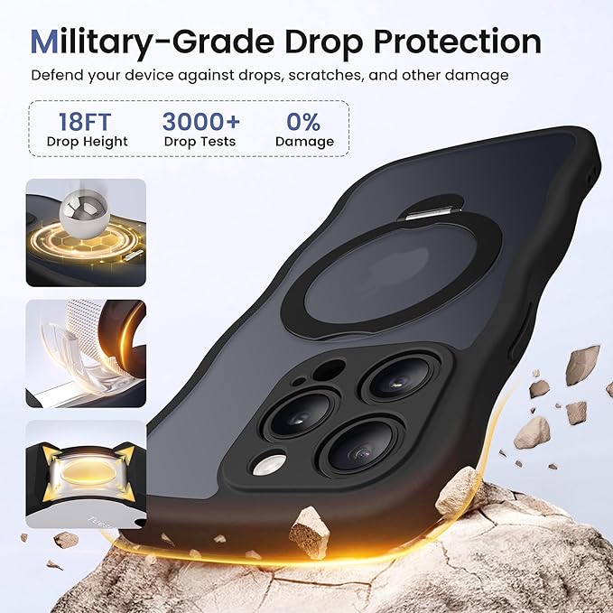 CAPRARO for iPhone 13 Pro Case with 360° Spin Magnetic Stand for Women, [Compatible with MagSafe] [Full Camera Protection] Cute Wave Translucent Matte Case for iPhone 13 Pro, Black