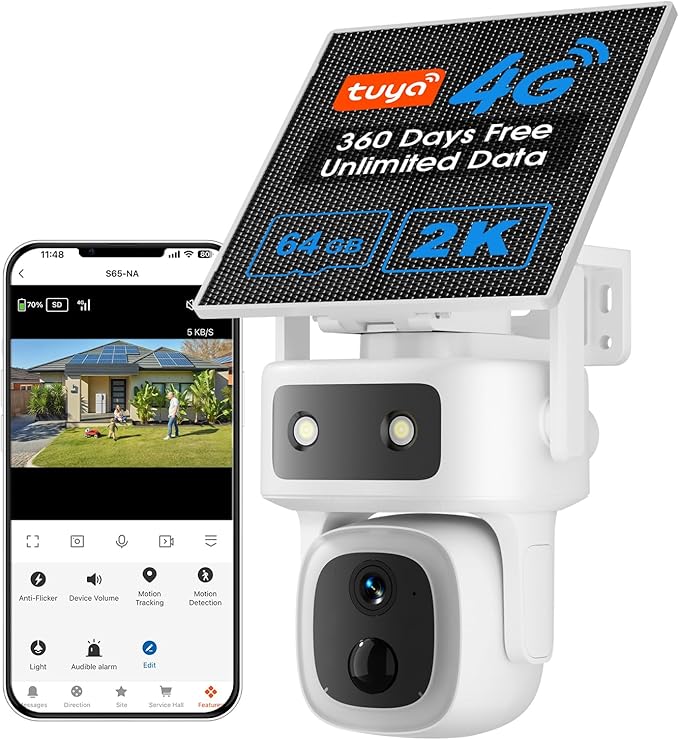 SANSCO 4G LTE Cellular Security Camera Wireless Outdoor, 360 Days Free Unlimited Data, Built-in SIM Card 64GB, 360° PTZ, No WiFi Solar Powered, 2K Color Night Vision, 2 Way Audio, Motion Detection