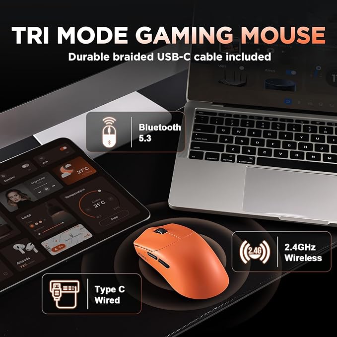 Zero 1 Pro Gaming Mouse,55g Ultralight Wireless Mouse, PAW3311 12K DPI, Tri-Mode 2.4G/Bluetooth/USB-C,Programmable Ergonomic Design,for Laptop/PC/Mac(Orange)
