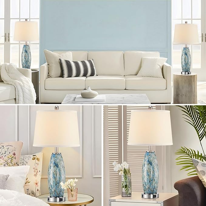 29" Tall Table Lamps Set of 2, Large Modern Lamps for Bedroom with Nightlight, Coastal Bedside Lamps with USB C+A, Glass Nightstand Table Lamps for Living Room, Bulbs Included