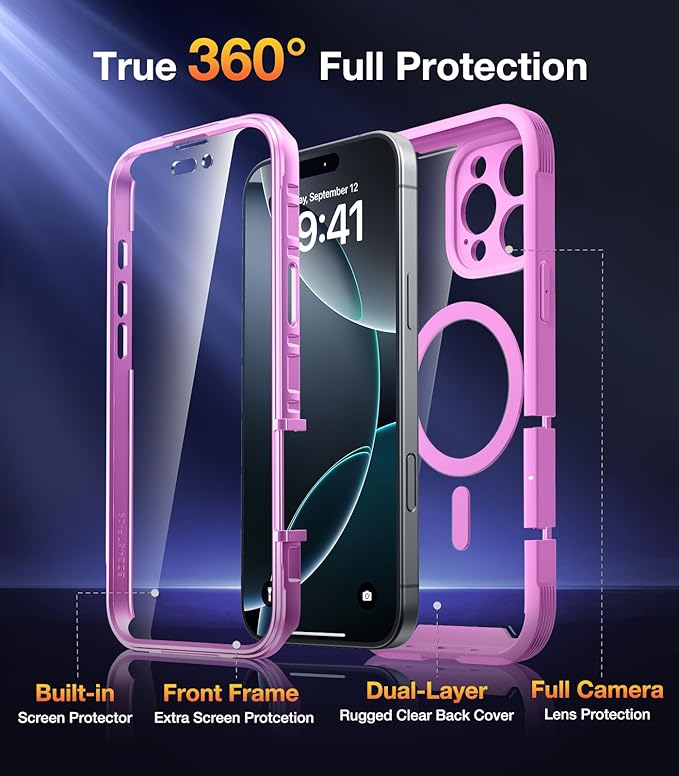Diaclara Magnetic Designed for iPhone 16 Pro Max Case, Full Body Rugged with Touch Sensitive Anti-Scratch Screen Protector, Compatible with MagSafe, Soft Bumper Case for iPhone 16 Pro Max 6.9', Pink