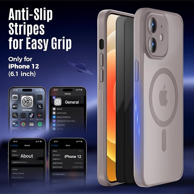 Symcele Designed for iPhone 12 Case, Compatible with MagSafe, with Privacy Screen Protectors X2, [Camera Protection] [15FT Military Drop Protection] Shockproof Phone Case, 6.1", Natural Titanium