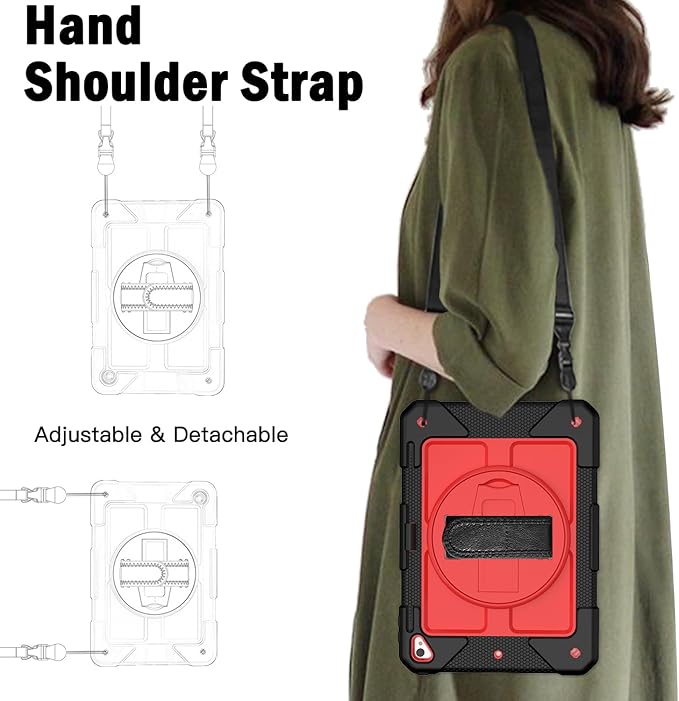 BMOUO Case for iPad 6th/5th Generation Case (9.7 inch, 2018/2017), 360°Rotating Stand, Hand/Shoulder Strap Shockproof iPad 9.7” Case for iPad Air 2, Black and Red
