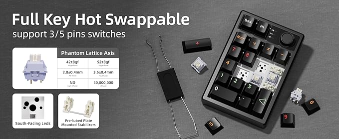 Gasket Creamy Mechanical Numpad Programmable Macro Keypad Wireless 2.4G/Bluetooth 5.0/Wired USB-C RGB Backlit Hot Swappable Number Pad Rechargeable Numeric Keyboard Metal Knob, Black